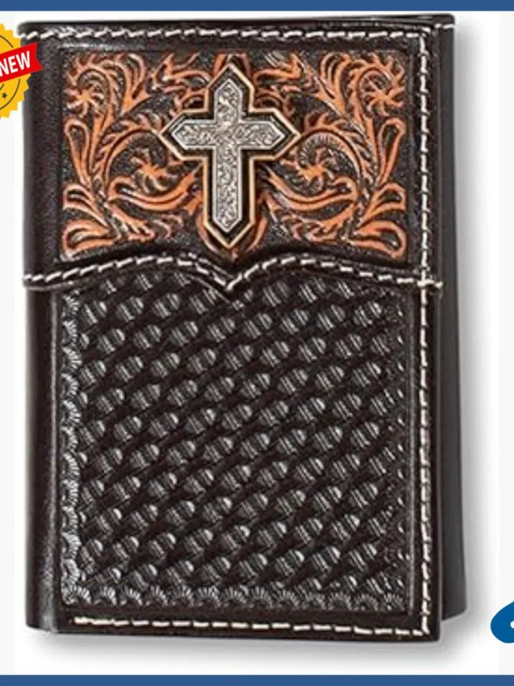 Men's Genuine Leather Trifold Wallet with Western Cross Design